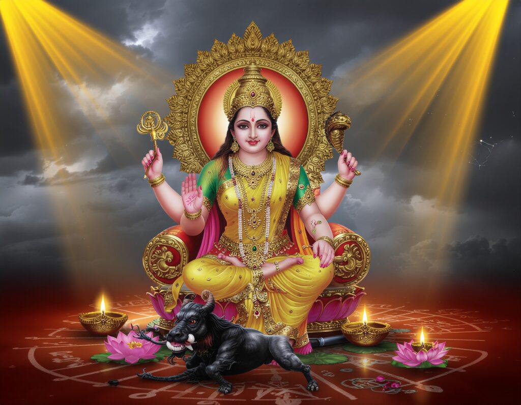 firefly a divine, powerful artwork of goddess baglamukhi sitting on a golden throne, dressed 812506