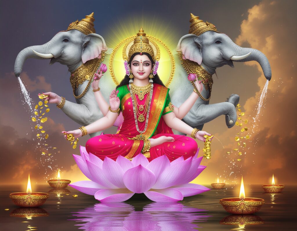 firefly create a majestic and divine artwork of goddess lakshmi sitting gracefully on a fully 812506